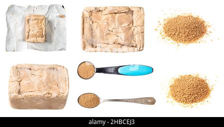 Set aus verschiedenen Hefe-Ausschnitten auf weißem Hintergrund Stockfoto