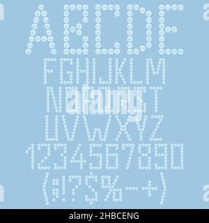 Alphabet, Buchstaben, Zahlen und Schilder aus Plastikblasen, Verpackung Luftpolsterfolie. Satz isolierter Vektorobjekte. Stock Vektor