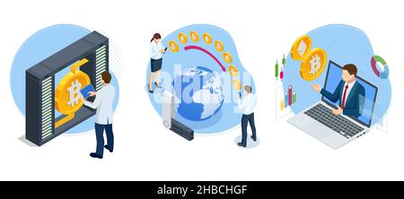 Kryptowährung Mining GPU-Farm. Kryptowährung und Blockchain isometrische Zusammensetzung. Big-Data-Verarbeitung. Plattform-Services für Austausch und Verkauf Stock Vektor