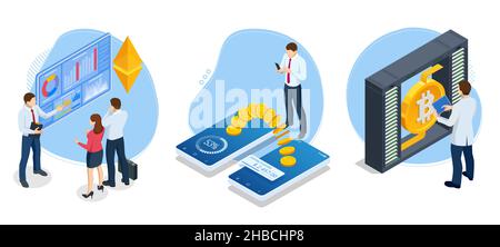Isometrische Bitcoin Crypto Currency Mining Farm. Serverraum, Bitcoin Mining, Supercomputing. Kryptowährung, Blockchain Stock Vektor