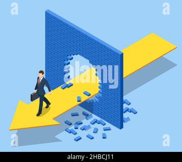 Isometrisches Durchbrechen der Wand. Eine alternative Lösung für das Problem. Geschäftsmann gelöst Problem, Neue Lösung, Erfolg und Führung. Durchbruch Stock Vektor