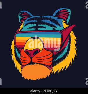 Tiger trägt Brillen Retro bunte Vektor Illustration Stock Vektor