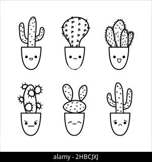 Niedlicher Kaktus-Doodle im Sketch-Stil. Kakteen-Charaktere sind mit Kawaii-Emotionen abwechslungsreich Stock Vektor