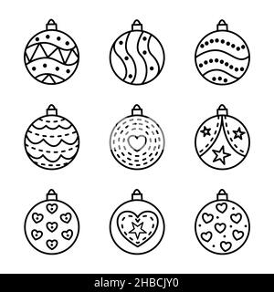 Doodle Set von Weihnachtsbaumkugeln mit Mustern. Festliche Neujahrskollektion im minimalistischen Sketch-Stil. Stock Vektor