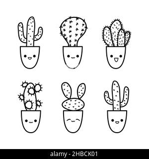 Niedlicher Kaktus-Doodle im Sketch-Stil. Kakteen-Charaktere sind mit Kawaii-Emotionen abwechslungsreich Stock Vektor