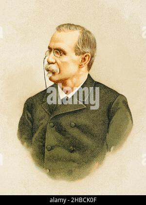 Antonio Cánovas del Castillo (1828-1897). Spanischer Politiker und Historiker. Gründer der Konservativen Partei. Hochformat. Chromolithographie. 'Historia General de España' (Allgemeine Geschichte Spaniens), von Miguel Morayta. Band VIII. Madrid, 1894. Stockfoto