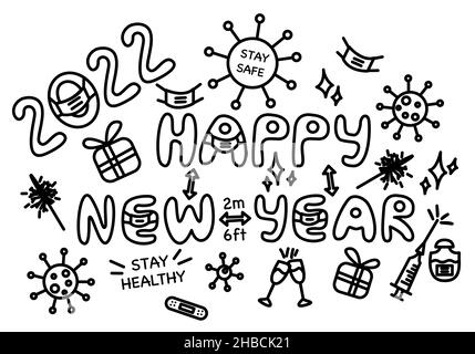 Set von lustigen Doodle-Elementen für eine gesunde Neujahrsfeier 2022. Happy Vector Symbole umreißen Sammlung sicher zu bleiben Stock Vektor
