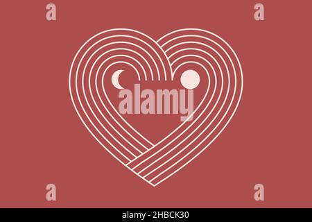 Minimalistische Grußkarte zum Valentinstag mit Bohemian-Motiven und Wandbildern. Herz, Sonne, Mond und Regenbogen, Designvorlagen, Geometrisches, abstraktes Design Stock Vektor