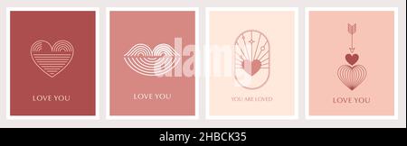 Minimalistische böhmische Grußkarten zum Valentinstag, Wandbilder. Herz, Lippen, Sonne und Regenbogen, Designvorlagen, geometrisches abstraktes Design Stock Vektor