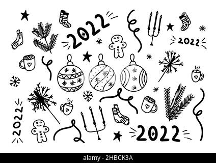 Set von lustigen Doodle-Elementen für die Neujahrsfeier 2022. Happy Vektor-Symbole und skizzieren Weihnachtsdekor-Kollektion Stock Vektor