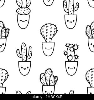 Niedliches Kaktus-Doodle-Muster im Outline-Stil. Vector Kakteen Zeichen Vielfalt mit kawaii Emotionen in Blumentöpfen Stock Vektor