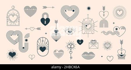 Minimalistische Bohemian Valentinstag Elemente, Kunst lineare Symbole und Symbole, Herz, Lippen, Sonne und Regenbogen, Design-Vorlagen, Geometrisches, abstraktes Design Stock Vektor