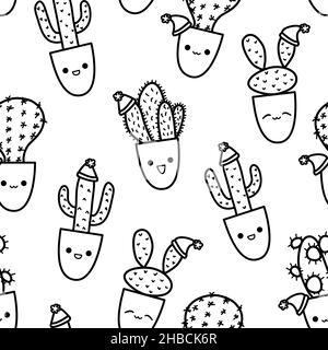 Niedliche Weihnachten Kaktus Doodle nahtlose Muster in Skizze Stil. Festliche Kakteen-Charaktere sind vielfältig mit Kawaii-Emotionen Stock Vektor