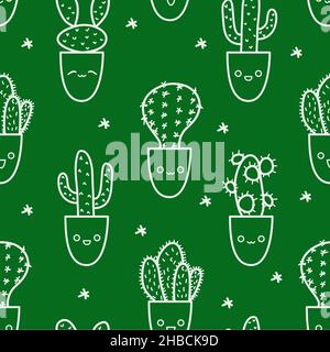Niedliches Kaktus-Doodle-Muster im Outline-Stil. Vector Kakteen Zeichen Vielfalt mit kawaii Emotionen in Blumentöpfen Stock Vektor