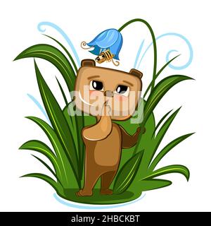 Niedliches Baby Bär auf einer Blumenwiese. Lustiges Tierkind. Illustration für Kinder. Sommer schöne Landschaft. Isoliert auf weißem Hintergrund. Vektor. Stock Vektor