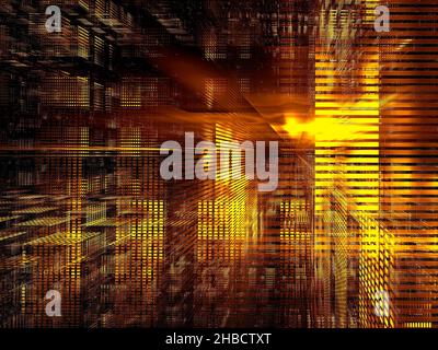 Goldener Hintergrund mit Gitter, Lichtern und Perspektiveffekt - 3D Illustration Stockfoto