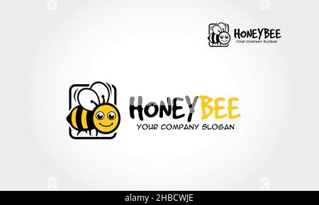 Honey Bee Logo Cartoon Charakter. Symbol für flache Vektorbiene. Cartoon nette helle Biene auf stilvollem weißen Hintergrund. Vektorlogo. Stock Vektor