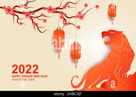 Frohes chinesisches Neujahr 2022 Hintergrund mit Sakura Blume, Laterne und Tiger Illustration Stock Vektor