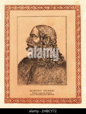 Porträt Albrecht Dürers, 1471-1528, deutscher Maler, Grafiker und Theoretiker der deutschen Renaissance. Albrecht Durer, Albert Durer. Getönte Radierung innerhalb einer dekorativen Grenze von John Girtin nach einem Porträt von Melchior Lorch aus John Girtins fünfundsiebzig Porträts berühmter Maler aus authentischen Originalen, J. M’Creery, London, 1817. Stockfoto