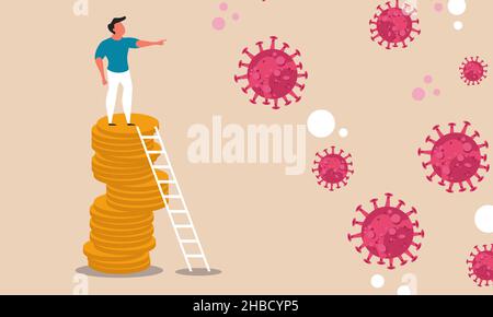 Geschäftsmöglichkeiten und finanzielle Zukunft des Coronavirus. Ein Mann steht auf Münzen und schaut sich das Virus an. Menschen sehen sich mit einem Finanzplan rechtzeitig einen Sieg an Stock Vektor