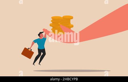 Hohes Risiko, Geld in Unternehmen zu investieren. Der Mensch hält die Hand, die Geld hält Goldmünzen Vektor-Illustration. Glücklicher Investor Deal oder Pech in der m Stock Vektor