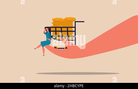 Handeln Sie mit dem Käufer. Hand hält einen Wagen mit Geld Goldmünzen und eine Frau sitzt auf der Hand Vektor-Illustration. Geschäftskäufe zu einem guten P Stock Vektor