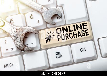 Textunterschrift mit Darstellung des Online-Kaufes. Internet Concept kauft elektronische Handelswaren über das Internet Abstract Doing Virtual Stockfoto