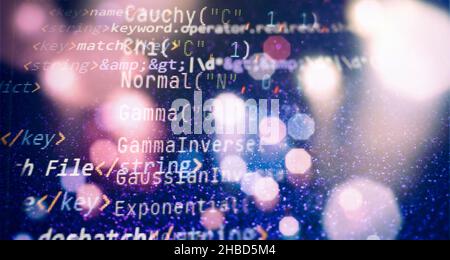 Desktop-PC-Monitor Foto. JavaScript-Funktionen, Variablen, Objekte. Projektmanager arbeiten neue Idee. Prozess zur Erstellung zukünftiger Technologien. Stockfoto