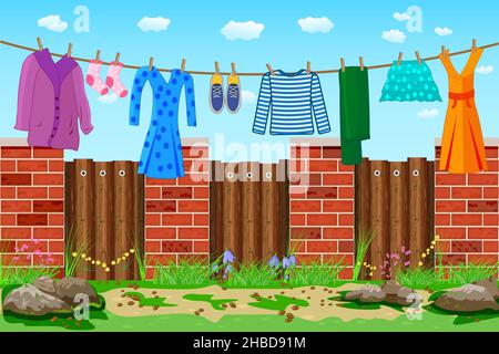 Wäsche hängt an einer Wäscheleine über dem Zaun. Wäscheleine und Kleidung im Garten.Trocknen von Wäsche im Hinterhof.Kleidung hängt am Seil.Vektor-Illustration Stock Vektor