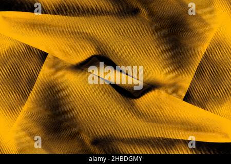 Gelb gedrehtes Baumwollgewebe mit schwarzer Grunge-Textur für abstrakten Hintergrund Stockfoto