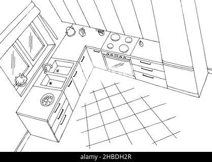 Küchenraum Innenansicht von oben Antenne schwarz weiß Grafik Skizze Illustration Vektor Stock Vektor