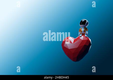 Kleiner Cartoon-Weltraumjunge, der auf einem Herzen sitzt und träumt. Valentinstag, Liebe und Tagträumen. 3D Rendern. Stockfoto