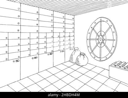 Bankgewölbe Safe Lagerung Innenraum Grafik schwarz weiß Skizze Illustration Vektor Stock Vektor