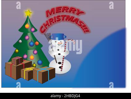 Grafiken, die einen verzierten Weihnachtsbaum darstellen, daneben ein Schneemann und Pappkartons mit Geschenken, die mit einem bunten Band gebunden sind. Stock Vektor
