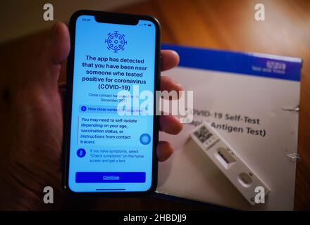 Eine Warnmeldung wird von der NHS Coronavirus-Kontaktverfolgungs-App ausgegeben - aufgrund einer Person, die in engem Kontakt mit einer Person mit Coronavirus war -, die auf einem Mobiltelefon in London angezeigt wird, Wo neue Beschränkungen zur Verlangsamung der Ausbreitung der Omicron-Variante des Coronavirus in Kraft getreten sind. Bilddatum: Sonntag, 19. Dezember 2021. Stockfoto