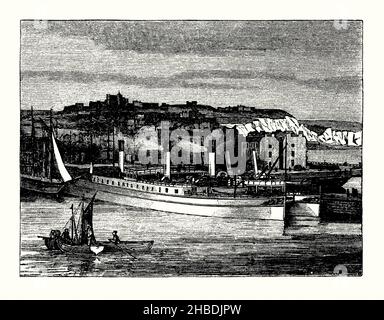 Eine alte Gravur des ungewöhnlichen zweischiffigen Cross-Channel-Schiffes PS Castalia, Dover Harbour, Kent, England, UK im Jahr 1870s. Es stammt aus einem Buch der 1890s über Entdeckungen und Erfindungen während der 1800s. Castalia war ein Raddampfer, der 1874 von der Thames Ironworks and Shipbuilding Company, Leamouth, London, für die English Channel Steamship Company gebaut wurde. Bei der Ankunft in Dover kamen große Menschenmengen, um das neuartige Schiff zu sehen. Castalia ist am 5. August 1875 in den regulären Betrieb eingetreten. Ihr Mangel an Geschwindigkeit bedeutete, dass sie kein finanzieller Erfolg war. Stockfoto