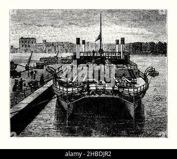 Eine alte Gravur des ungewöhnlichen zweischiffigen Cross-Channel-Schiffes PS Castalia, Dover Harbour, Kent, England, UK im Jahr 1870s. Es stammt aus einem Buch der 1890s über Entdeckungen und Erfindungen während der 1800s. Castalia war ein Raddampfer, der 1874 von der Thames Ironworks and Shipbuilding Company, Leamouth, London, für die English Channel Steamship Company gebaut wurde. Bei der Ankunft in Dover kamen große Menschenmengen, um das neuartige Schiff zu sehen. Castalia ist am 5. August 1875 in den regulären Betrieb eingetreten. Ihr Mangel an Geschwindigkeit bedeutete, dass sie kein finanzieller Erfolg war. Stockfoto