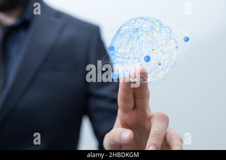 Eine Person, die die Darstellung der Erde von 3D berührt Stockfoto