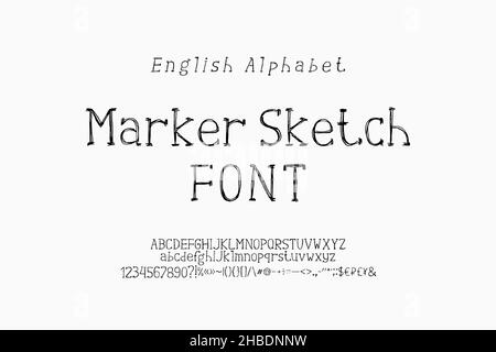 Marker Sketch serif Schriftart schwarz Farbe, Schraffur Textur Stil. Alphabet Buchstaben und Zahlen gesetzt, englische Sprache. Stock Vektor