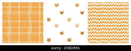 Set von niedlichen abstrakten und Katzen Köpfe Tiere kindisch nahtlose Muster. Sammlung von handgezeichneten Vektorgrafiken in Schwarz- und Senffarben auf W Stock Vektor
