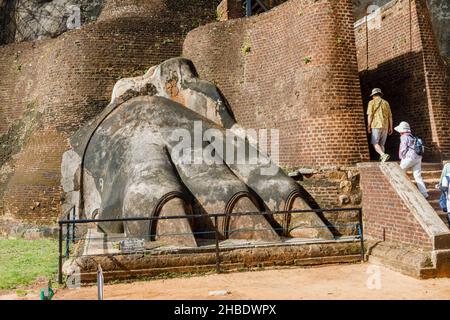 The Lion's Paw at the Lion Staircase Zugang zum Rock Top Palace in Sigiriya (Lion Rock), einem historischen Monument im Sri Lanka Cultural Triangle Stockfoto