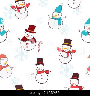 Seamless pattern with hand drawn different snowmen and snowflakes Stock Vektor