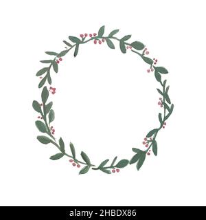 Isolierter, einfacher, wasserfarbener grüner Waldkranz. Dekorativer botanischer Rundzweig mit Beeren und Blättern Stock Vektor