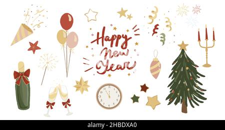 Set von niedlichen handgezeichneten Silvester-Elementen Stock Vektor