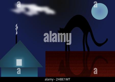 Schwarze Katze auf dem Dach. 3D Rendern Stockfoto