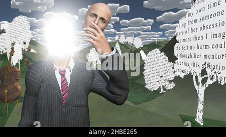 Mann zeigt inneres Licht in der Landschaft mit Textpapierbäumen. 3D Rendern Stockfoto