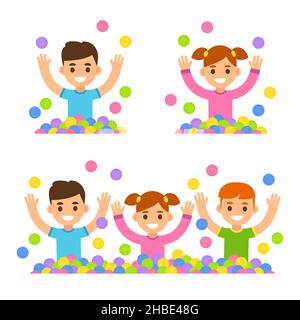 Kinder im Kugelgraben. Nette Cartoon Jungen und Mädchen spielen in einem Ballpit. Einfache flache Vektor Clip Art Illustration. Stock Vektor