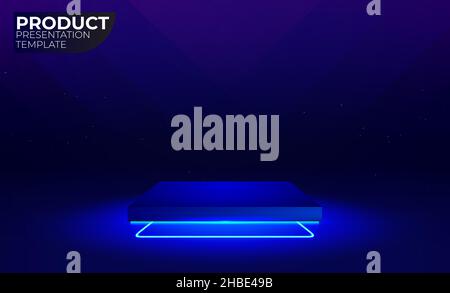 Futuristische Sci-Fi-Technologie, leerer Podestsockel mit Neonbeleuchtung. Vektormockup für Produktpräsentationen. Quadratische Box, Produktanzeige. Stock Vektor