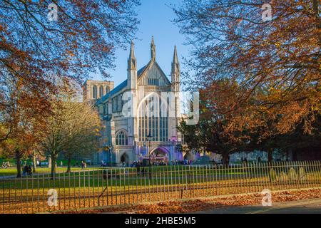 West End der Winchester Cathedral, Hampshire im Herbst. Es ist eine der größten Kathedralen in England, mit dem längsten Kirchenschiff und der größten insgesamt len Stockfoto