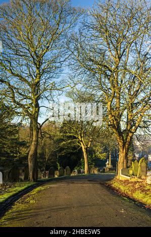 Winterszene auf dem Blackburn Old Cemetery. Stockfoto